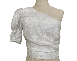 Do+Be One Shoulder White Floral‎ Sheer Puffed Sleeve Crop Top Romantic Small